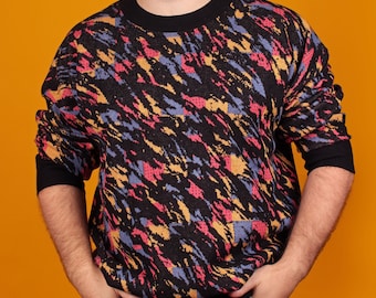 Black Tacky 80's Knit Sweater, Retro Style Funky Jumper