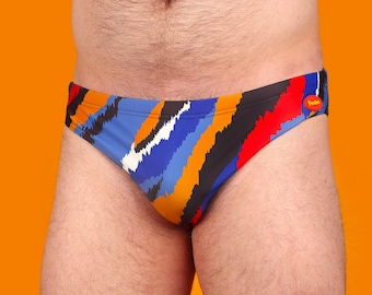 Bus Seat Tiger Swim Brief, Funky Retro Speedo, Colorful Vintage Pattern Swimwear, 80's 90's Gay Men Swimwear