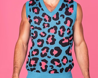 Blue & Pink Leopard Print Knit Sweater Vest, Funky Dopamine