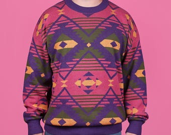 The Aztec Knit Sweater, Retro 80's Funky Knitwear, 90s Pink and Purple Colorful Jumper, South Western Style