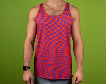 Y2k Warped Checker Pattern Tank Top, 2000's Inspired Retro Vintage Gym Workout Tank for Bodybuilding and Exercise