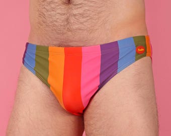 Pastel Rainbow Stripe Swim Brief, LGBT Pride Swimwear, Dopamine Dressing, 1970's Funky Colorful Gay Men Speedo