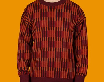 Rusted Blocks Knit Sweater, Fun Pattern Cozy Jumper, Red Orange & Brown Pullover