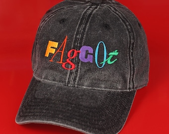 90's Style F-Slur Denim Hat, Gay Pride Look, LGBT Rainbow Embroidered Cap