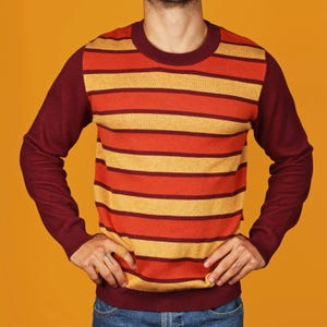 70&#39;s Orange Striped Knit Sweater, Retro Style Knitwear, Yellow & Orange Jumper