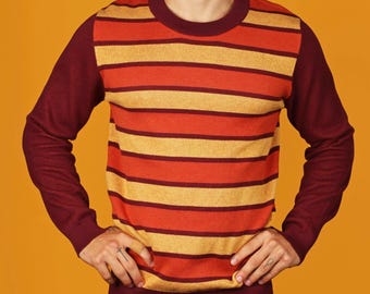 70's Orange Striped Knit Sweater, Retro Style Knitwear, Yellow & Orange Jumper