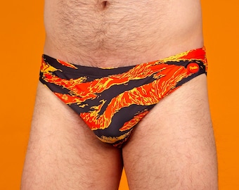 Camo Tiger Swim Brief, Orange Animal Print Speedo, 1960's Vietnam Camouflage Retro Vintage Men's Swimwear