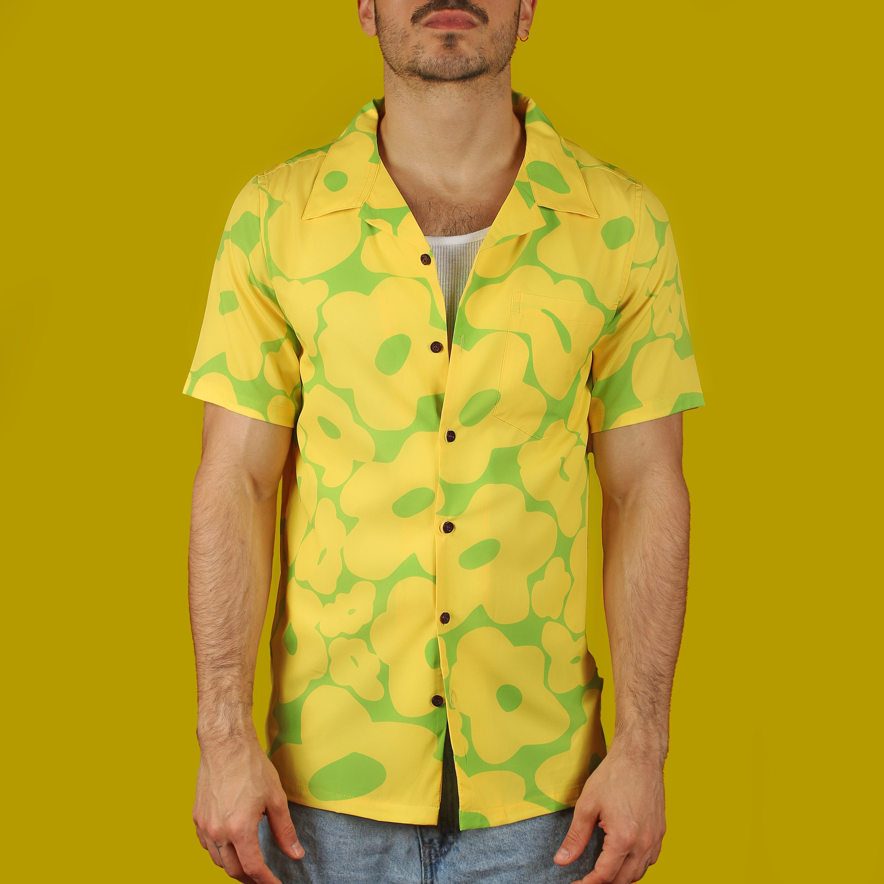 Men's 70s Floral Hawaiian Button-Up Shirt - Retro Disco Party Shirt, Polyester, Short Sleeve