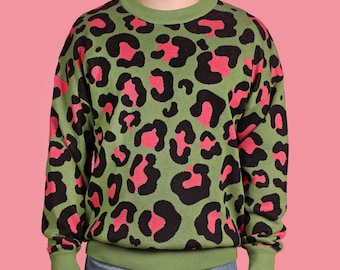Green & Pink Leopard Knit Sweater, Funky Retro Jumper, Dopamine Dressing, Colorful Animal Print Knit
