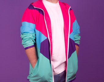 80's Pink & Teal Geometric Windbreaker Vintage Inspired Retro Style Vibrant and Colorful 1990s Y2K Jacket