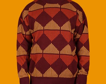 70's Diamond Knit Sweater, Retro Style Orange Yellow & Brown Jumper, Nostalgic 1970s Knit Pullover
