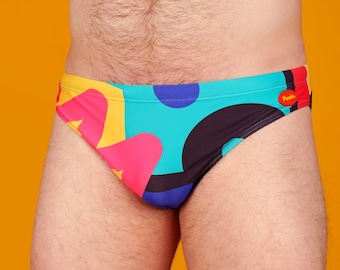 Walking in Memphis Swim Brief, Retro 80's Memphis Group Style Swimwear, Primary Color Dopamine Dressing, Funky Colorful Gay Men's Speedo