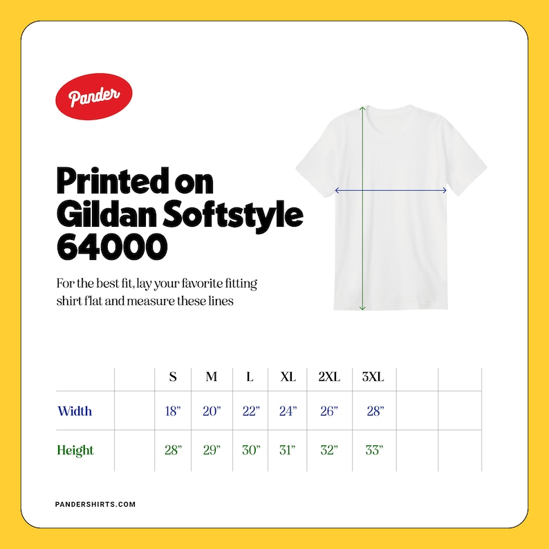 Pode incluir: Uma tabela de tamanhos para t-shirts Gildan Softstyle 64000. A tabela mostra as medidas de largura e altura em polegadas para os tamanhos S, M, L, XL, 2XL e 3XL.