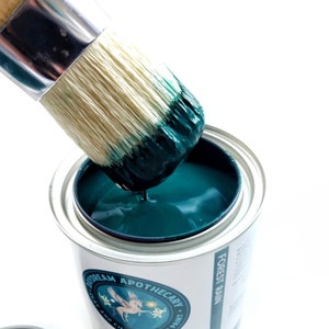 Puede incluir: Un pincel sumergido en una lata de pintura azul verdosa. La lata est&aacute; etiquetada con "Dream Apothecary - Juniper Paint - Forest Rain".