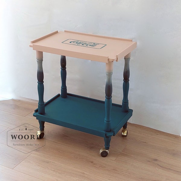 Vintage Side Table Bar Cart, Unique Painted Furniture for Maximalist and Quirky Home Decor in Green Emerald Color