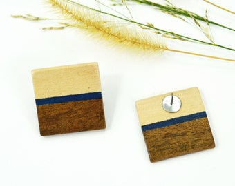 Geometric wood square earrings, Wooden stud handmade earrings, Every day modern earrings, Navy indigo blue earrings, Christmas gift for her