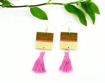 Statement Walnut Earrings, Aesthetic earrings, Tassel earrings pink, Wood boho earrings, Colorful boho earrings