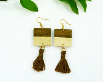 Brown Minimalist Earrings, Everyday tassel earrings, Wood boho earrings, Gift for women