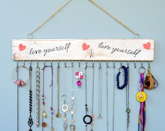 Wooden necklace display, wall jewelry hanger organizer, simple elegant unique love yourself heart jewelry organizer