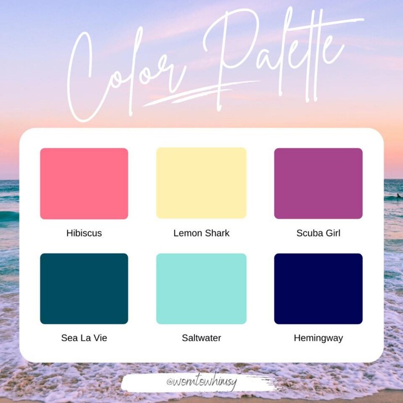 May include: A colour palette with six colour swatches, labelled "Hibiscus", "Lemon Shark", "Scuba Girl", "Sea La Vie", "Saltwater", and "Hemingway". The colours are pink, yellow, purple, teal, light blue, and navy blue.