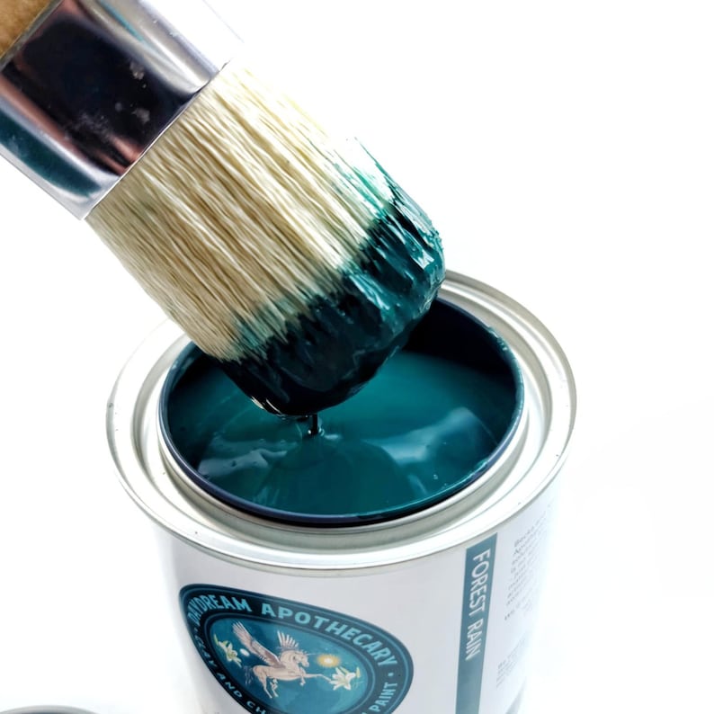 Puede incluir: Un pincel sumergido en una lata de pintura azul verdosa. La lata est&aacute; etiquetada con "Dream Apothecary - Juniper Paint - Forest Rain".