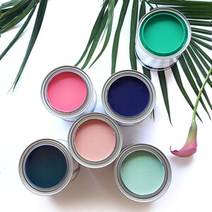 Puede incluir: Seis botes de pintura con tapas, cada uno con un color de pintura diferente. Los colores son rosa, azul, melocot&oacute;n, verde y dos tonos de verde azulado. Los botes est&aacute;n dispuestos en c&iacute;rculo sobre una superficie blanca.