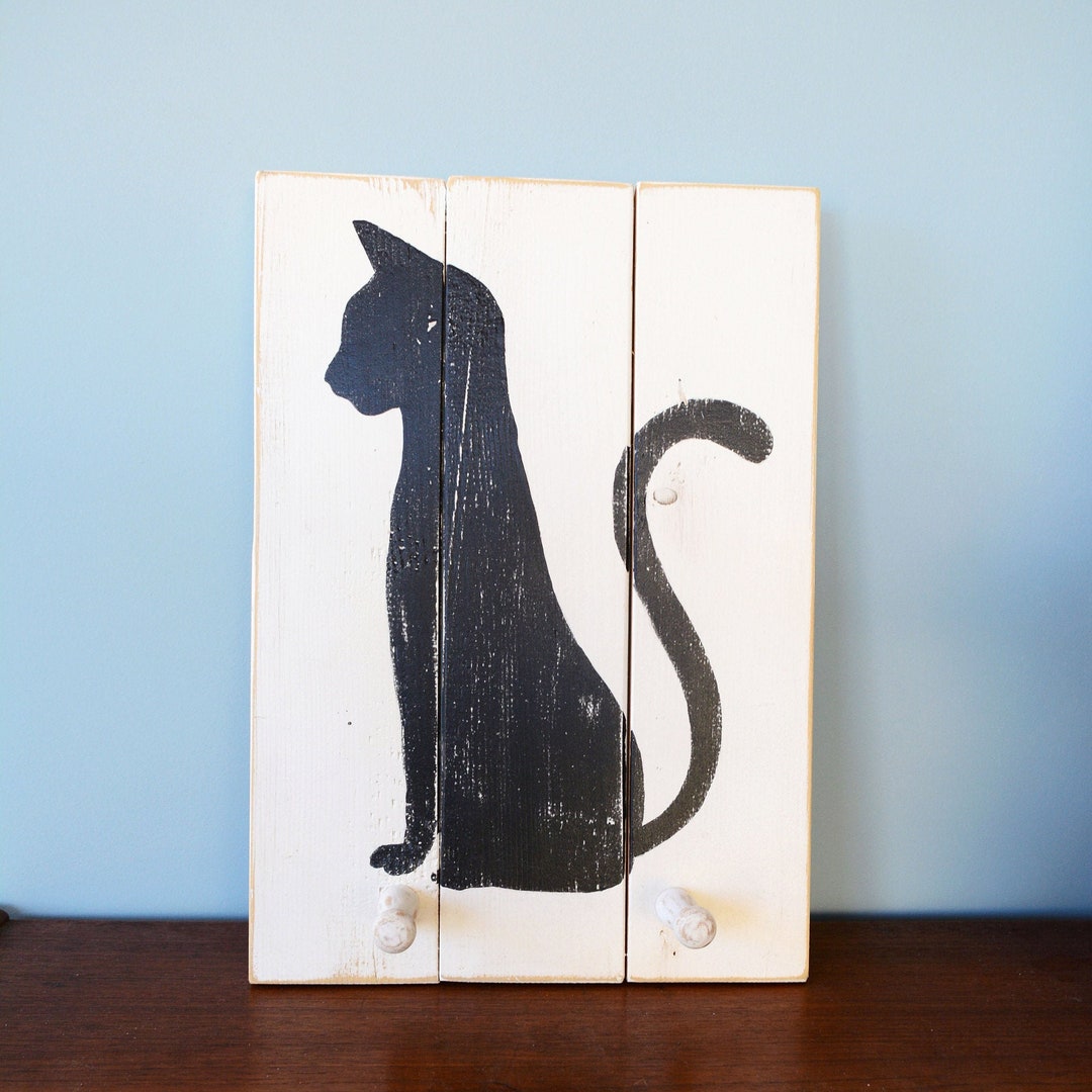 Minimalist Hand Painted Black Cat Wall Art on Pallet Wood | Unique ...