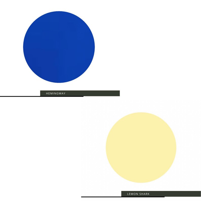 May include: Two paint colour swatches, one a vibrant blue labelled "Hemingway" and the other a pale yellow labelled "Lemon Shark".