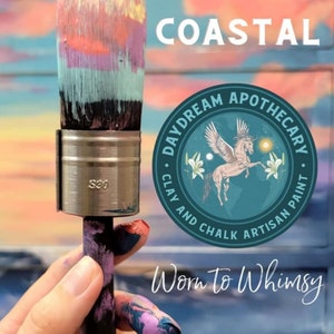 May include: A hand holds a paintbrush with a colourful, layered paint design. The brush is labelled "S20". The background features a sunset sky with the words "COASTAL" and "Worn to Whimsy". A circular logo reads "Daydream Apothecary Clay and Chalk Artisan Paint" with a winged unicorn and floral design.