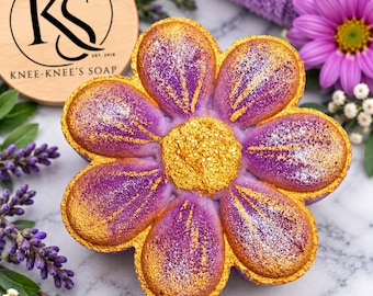 Handmade Purple Flower Bath Bomb | Gold Mica Floral Spa Gift