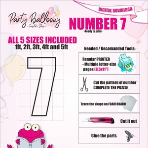 Number 7 All Sizes (From 1ft to 5ft)/Mosaic Numbers from Balloons/PDF files + Instructions Step by Step on how to build/Instant download