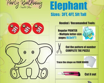 May include: Printable DIY elephant balloon template for a party. The template includes instructions and a pattern to cut out and assemble a 3ft, 4ft, or 5ft tall elephant balloon.