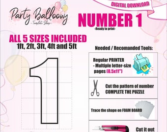 Number 1 All Sizes (From 1ft to 5ft)/Mosaic Numbers from Balloons/PDF files + Instructions Step by Step on how to build/Instant download