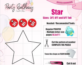 Mosaic Star Balloon template/3ft, 4ft and 5ft Star Mosaic from Balloons templates/Step by Step Instructions/Instant download