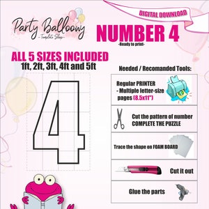 Number 4 All Sizes (From 1ft to 5ft)/Mosaic Numbers from Balloons/PDF files + Instructions Step by Step on how to build/Instant download