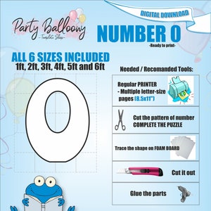 Fancy Number 0-All Sizes (From 1ft to 6ft)/Mosaic from Balloons Fancy Number Zero/PDF files + Easy to Follow Instructions/Instant download