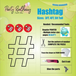 Mosaic &quot;#&quot; Hashtag balloon template/3ft, 4ft and 5ft Hashtag Mosaic from Balloons templates with Step by Step Instructions/Instant download