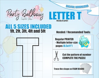 Letter T - All Sizes (From 1ft to 5ft)/Mosaic Letters from Balloons/PDF files + Instructions Step by Step on how to build/Instant download