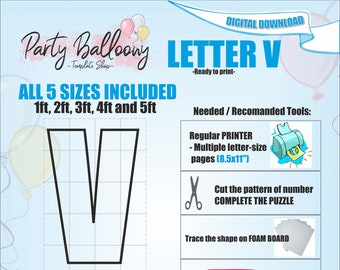 May include: Digital download party decoration featuring a large letter "V" in black, with instructions and tools needed to create it. Includes sizes from 1ft to 5ft. The text "Party Balloony" is at the top. A blue frog reads a book.