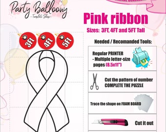 Mosaic Pink Ribbon balloon template/3ft, 4ft and 5ft Ribbon Mosaic from Balloons templates with Step by Step Instructions/Instant download