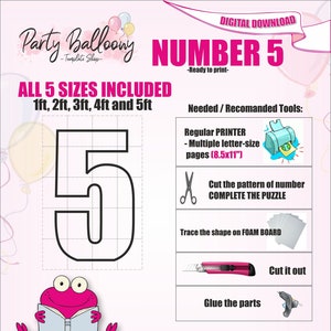 Number 5 All Sizes (From 1ft to 5ft)/Mosaic Numbers from Balloons/PDF files + Instructions Step by Step on how to build/Instant download