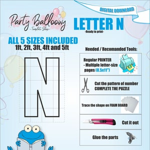 Letter N - All Sizes (From 1ft to 5ft)/Mosaic Letters from Balloons/PDF files + Instructions Step by Step on how to build/Instant download