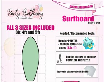 Mosaic Surfboard from balloons TEMPLATE/3ft,4ft and 5ft tall Surfboard frame for Balloons TEMPLATE with Instructions/Instant DOWNLOAD