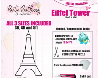 Mosaic Eiffel Tower balloon template/3ft, 4ft and 5ft Eiffel Tower Mosaic from Balloons templates with Instructions/Instant download