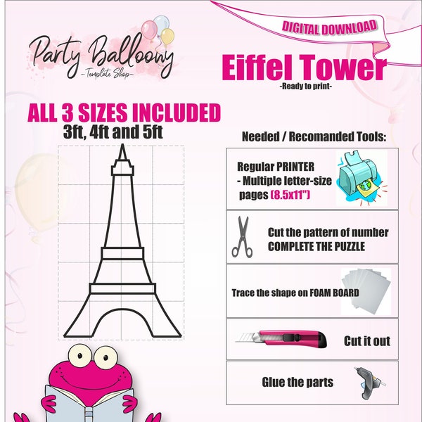 Mosaic Eiffel Tower balloon template/3ft, 4ft and 5ft Eiffel Tower Mosaic from Balloons templates with Instructions/Instant download