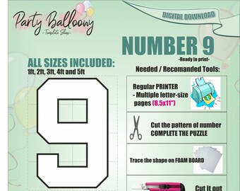 Square Number 9-All Sizes (1ft to 5ft)/Mosaic from Balloons Marquee Number Nine/PDF files + Easy to follow Instructions/Instant download