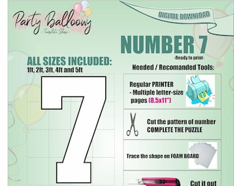 Square Number 7-All Sizes (1ft to 5ft)/Mosaic from Balloons Marquee Number Seven/PDF files + Easy to follow Instructions/Instant download