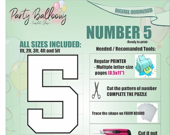 Square Number 5-All Sizes (1ft to 5ft)/Mosaic from Balloons Marquee Number Five/PDF files + Easy to follow Instructions/Instant download