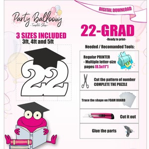 Mosaic 22 Graduation Cap from balloons template/3ft,4ft and 5ft Grad Cap Mosaic from Balloons template with Instructions/Instant download