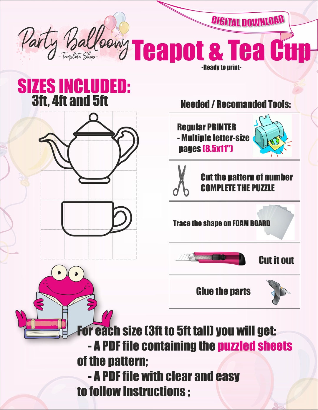 Mosaic Teapot, Tea Cup Balloon Digital Template/3ft,4ft and 5ft Teapot